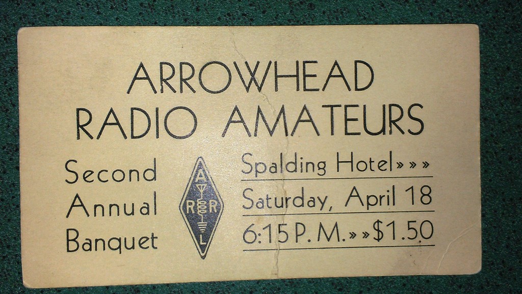 A photo of a ticket to the Second Annual Banquet for the Arrowhead Radio Amateurs.
